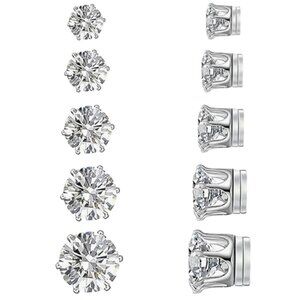 5 Pairs Stainless Steel Non-piercing Cubic Zirconia Stud Earrings Round Magnetic